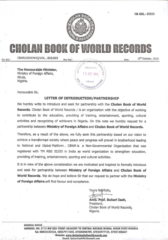 approved letter of Cholan book of world records in Nigeria