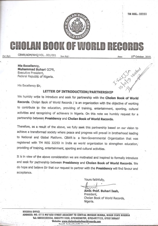 approved letter of Cholan book of world records in Nigeria