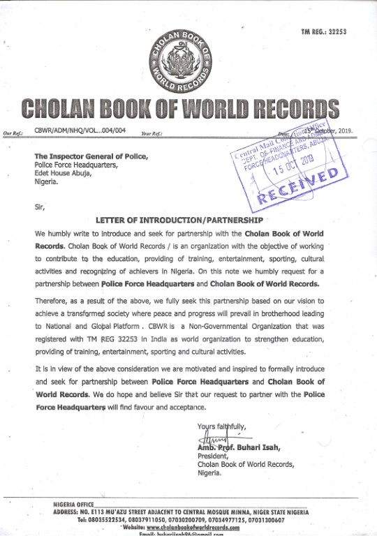 approved letter of Cholan book of world records in Nigeria.
