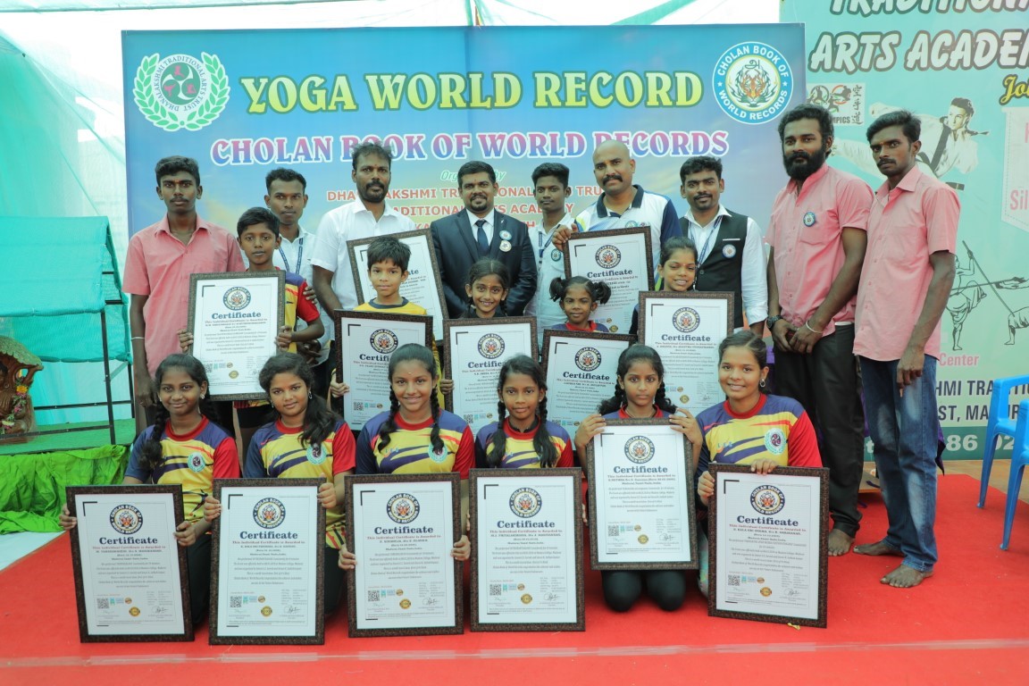 11 students of Dhanalakshmi traditional arts trust, Madurai has performed 11 unique world records in yoga. Cholan Book Of World Records Congratulates The Achievers And Wishes Success In Their Future Endeavors. 
