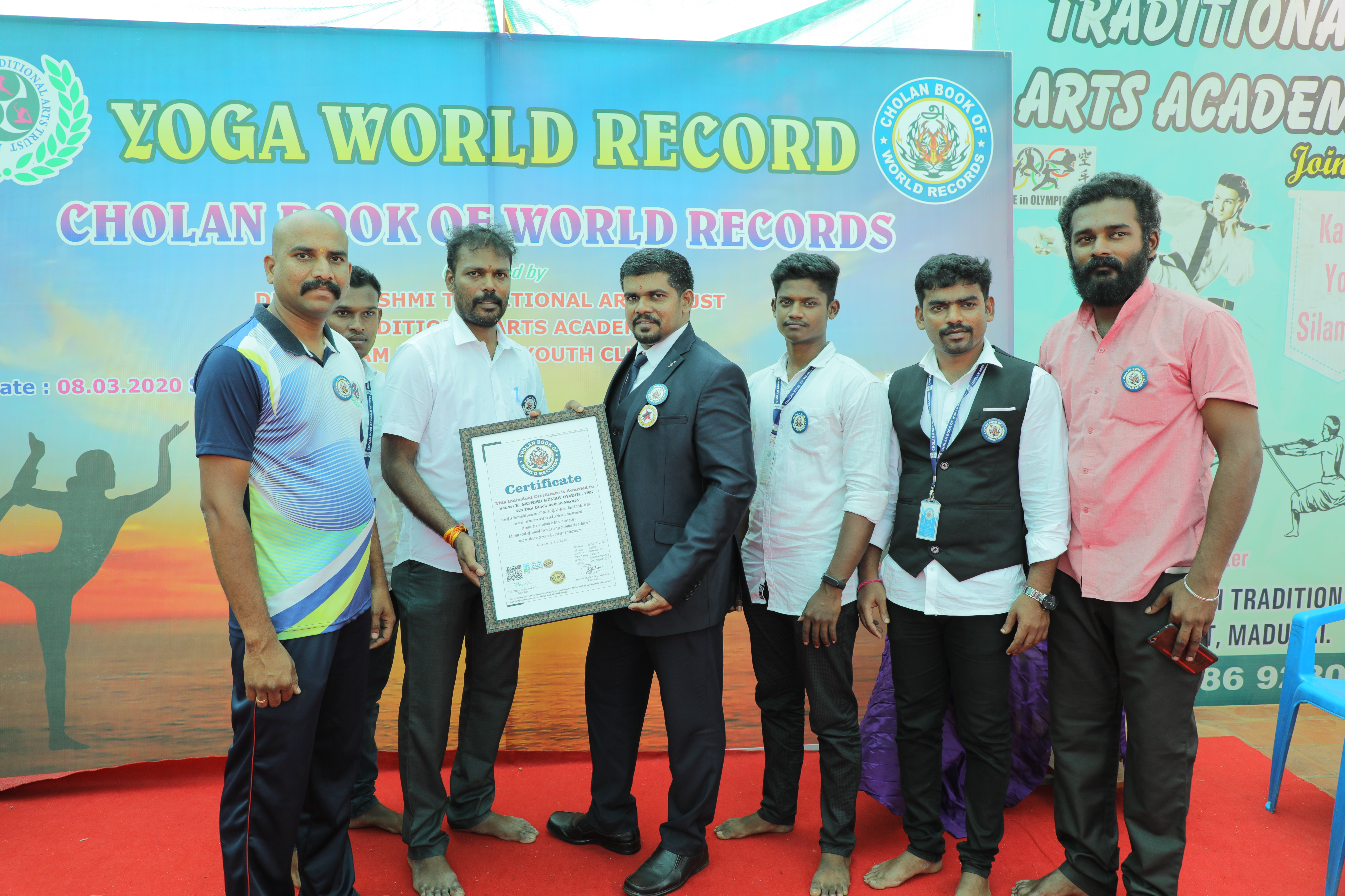 11 students of Dhanalakshmi traditional arts trust, Madurai has performed 11 unique world records in yoga.The event was officially held on 08.03.2020 at Madurai, Tamil nadu, India and was organized by Sensei G.S.Suresh [5th dan black belt] and Sensei K.Sathish kumar [5th dan black belt]. Cholan Book Of World Records Congratulates The Achievers And Wishes Success In Their Future Endeavors.