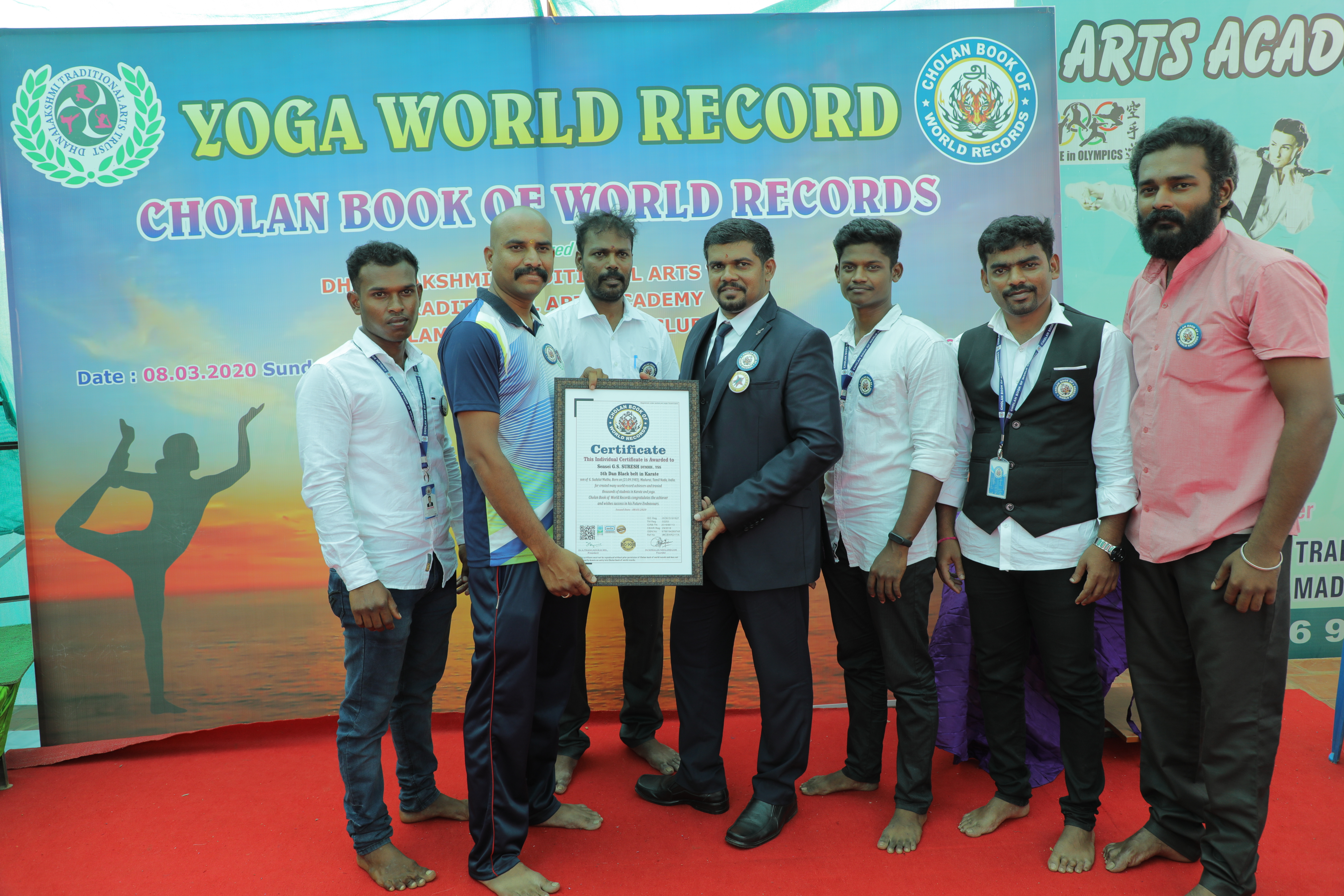 11 students of Dhanalakshmi traditional arts trust, Madurai has performed 11 unique world records in yoga.The event was officially held on 08.03.2020 at Madurai, Tamil nadu, India and was organized by Sensei G.S.Suresh [5th dan black belt] and Sensei K.Sathish kumar [5th dan black belt]. Cholan Book Of World Records Congratulates The Achievers And Wishes Success In Their Future Endeavors